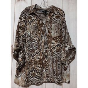 Maggie Barnes Womens‎ 1X 18 20W Animal Print Long Sleeve Button Down Shirt Top